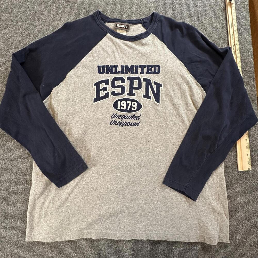 ESPN Unlimited Long Sleeve T-Shirt Mens XXL Gray Navy Blue Raglan Vintage 1979
